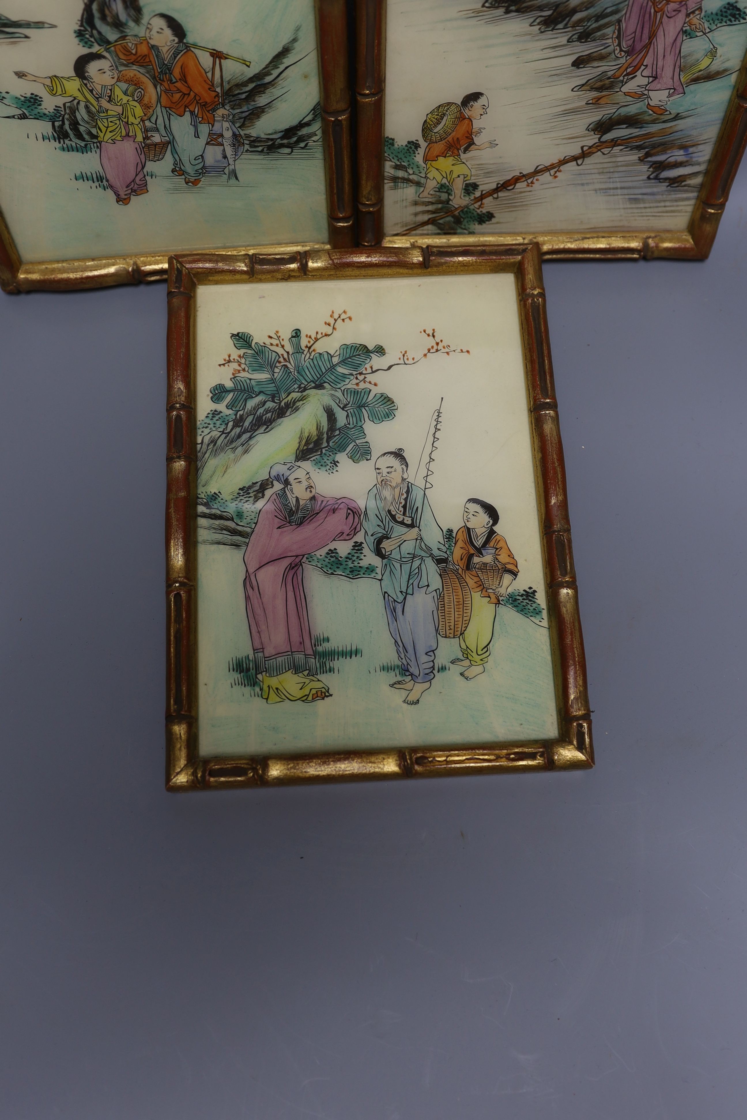 A group of three Chinese paintings, bamboo effect frames 23x16cm